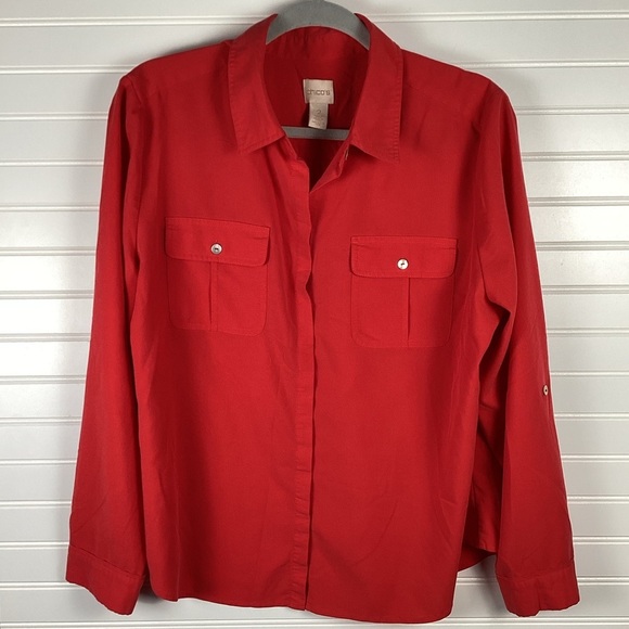 Chicos Shirt Womens Extra Large 2/ M Red Button Up Roll Tab Top Blouse Stretch - Picture 7 of 7